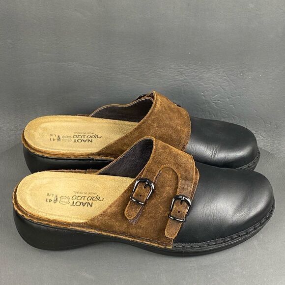 Naot Leilani Women EU 41 US 10.5 Brown Suede Black Leather Buckle Clogs Mule - Picture 1 of 6